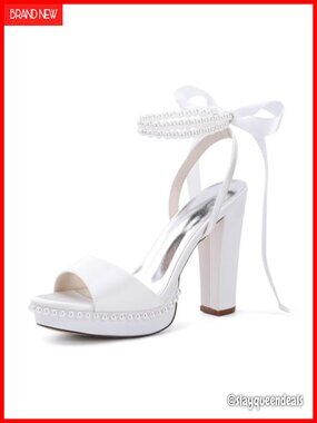 Satin Pearl Platform Heeled Sandals Ankle Strap Wedding Bride Shoes